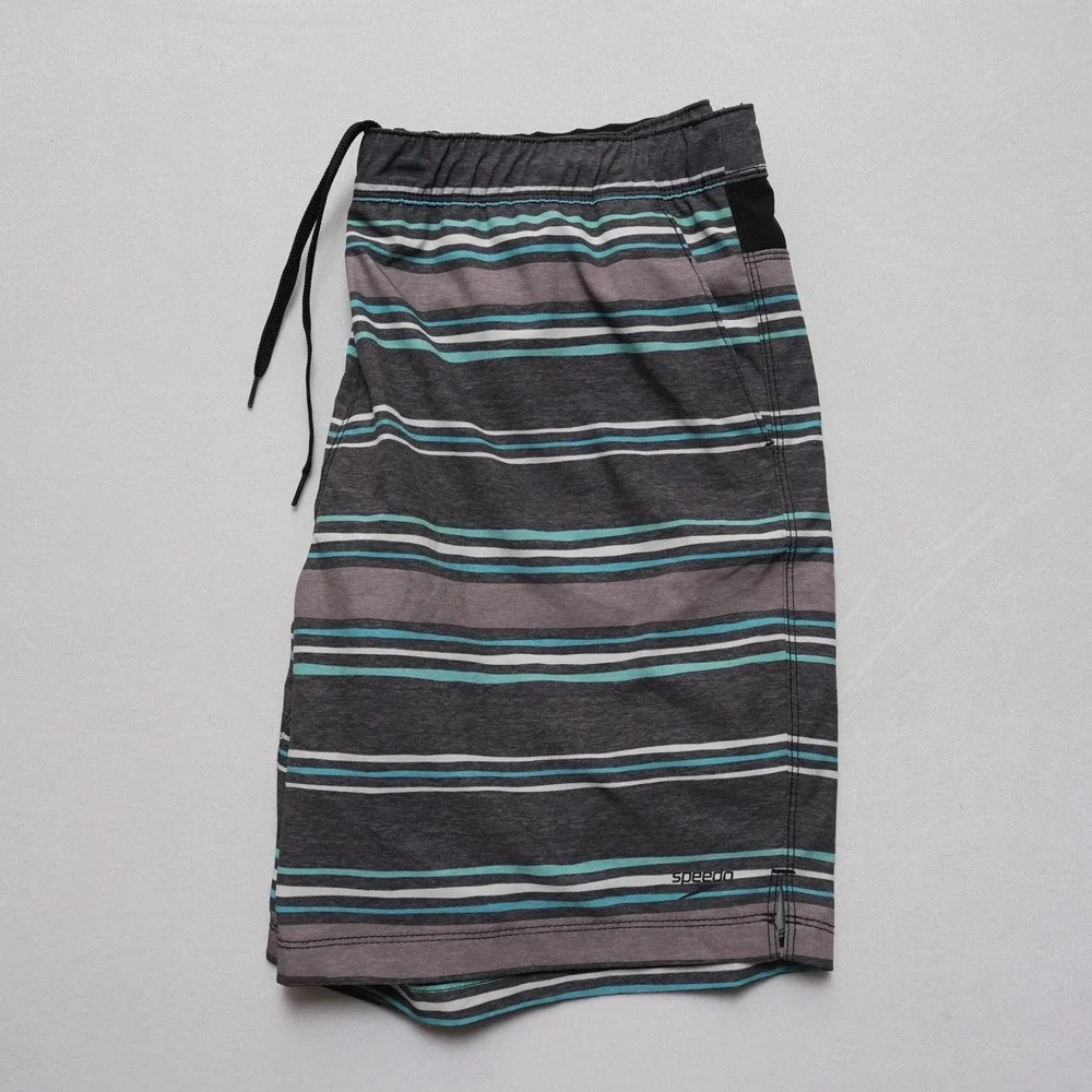 Speedo‎ Swim Shorts Mens XL Gray Multicolor Stripe Lined Drawstring Pocket